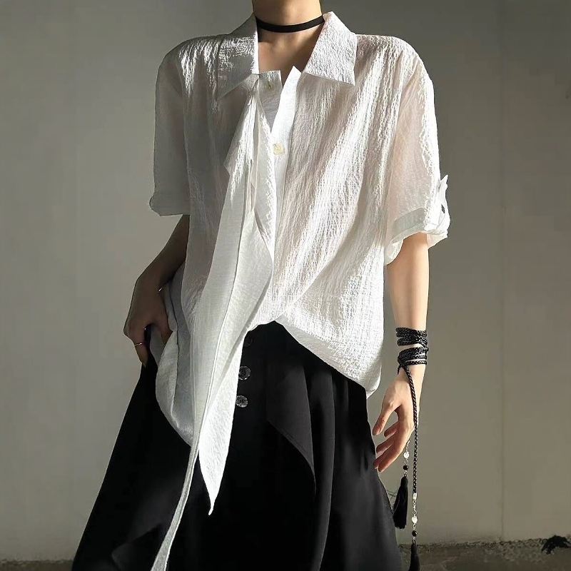 Japanese Retro Hepburn Style Irregular Ribbon Short-Sleeved Shirt for Men and Women, Niche Design, Loose and Drapey Shirt