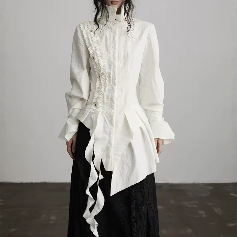 Yamamoto Dark Palace Style Deconstructed Asymmetrical Ruffle Ribbon Long-Sleeve Shirt Unisex Versatile National Trend Elegant Shirt Yamamoto Dark Palace Style Deconstructed Asymmetrical Ruffle Ribbon Long-Sleeve Shirt Unisex Versatile National Trend Elegant Shirt