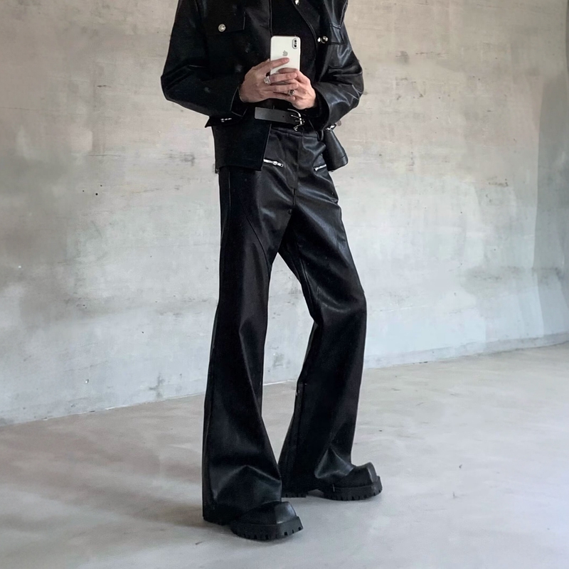 High Street Punk Style Pu Leather Flared Pants for Men and Women, Cool and Stylish with Zipper Decoration, Wide-Leg, Unique Design, Casual Long Pants High Street Punk Style Pu Leather Flared Pants for Men and Women, Cool and Stylish with Zipper Decoration, Wide-Leg, Unique Design, Casual Long Pants