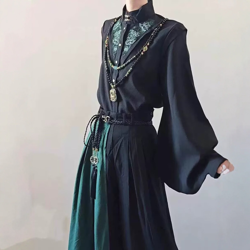 Chinese-Style Embroidered Pipa Long-Sleeved Shirt with Large Sleeves, Buttoned Collar, Long Sleeves, Unisex, Han Elements, New Chinese Style, Retro Two-Piece Set