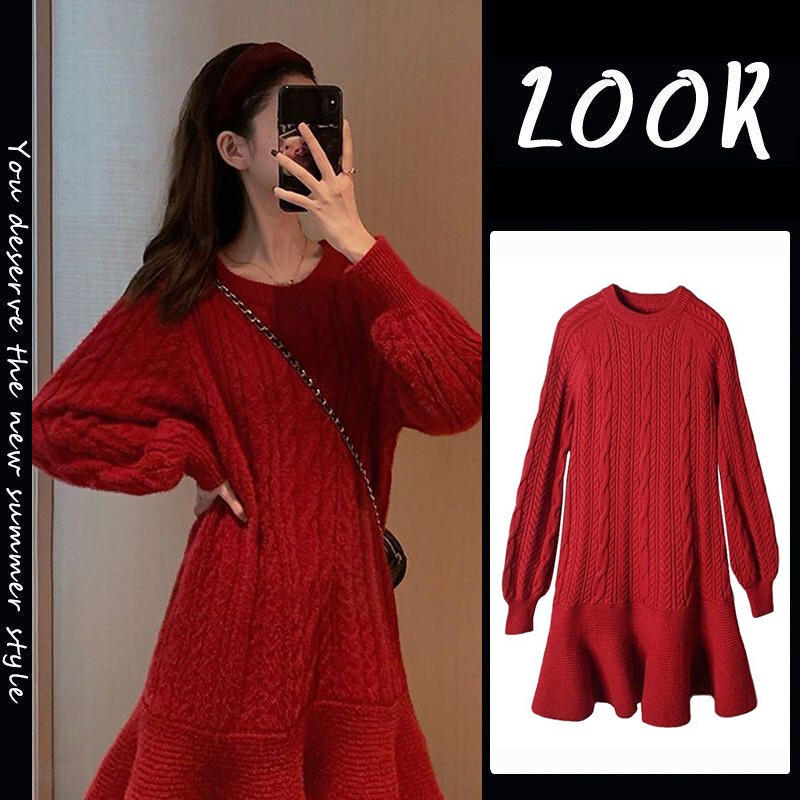 High-End Mid-Length Sweater Dress for Women, Autumn and Winter 2026 New Style, Cool and Stylish, Thickened Red Knit Dress