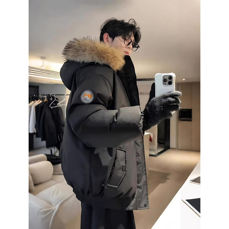American Retro Hooded Cotton Jacket for Men, Winter Detachable Fur Collar Parka, Workwear Coat, Oversized Snow Cotton Coat