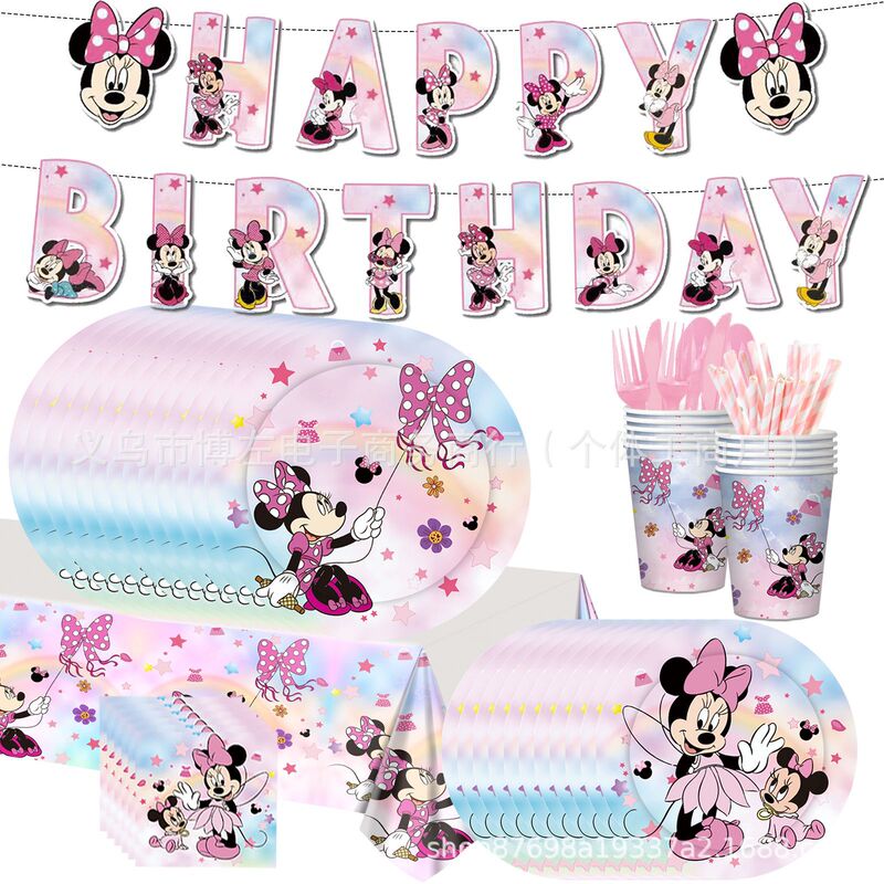 Pink Minnie Girl-Themed Children's Birthday Party Decoration Mickey Mouse Disposable Paper Plates, Tablecloth, and Tableware Set