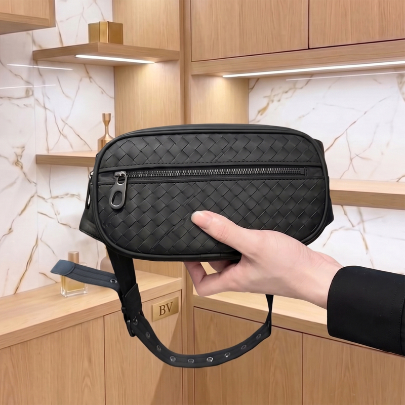 Bv Light Luxury Black First-Layer Cowhide Hand-Woven Waist Bag Mobile Phone Bag Classic Casual Shoulder Crossbody Bag Chest Bag