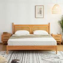 Nordic cherry wood rattan solid wood bed Japanese simple black walnut master bedroom double bed and breakfast rattan bed furniture