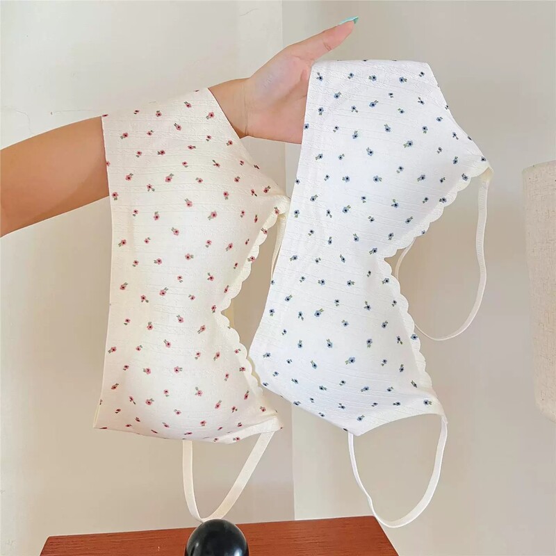 Seamless Underwear for Women, Summer Thin Style, Small Chest Gathering, No Underwire, High School Girls' Polka Dot Floral Anti-Sagging Bra