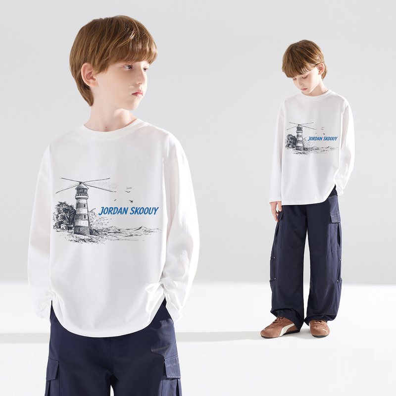 Jordan Skoouy【Lighthouse Illustration】Coastal Lighthouse Print Long Sleeve T-Shirt for Boys and Girls, Medium and Large Children's Top