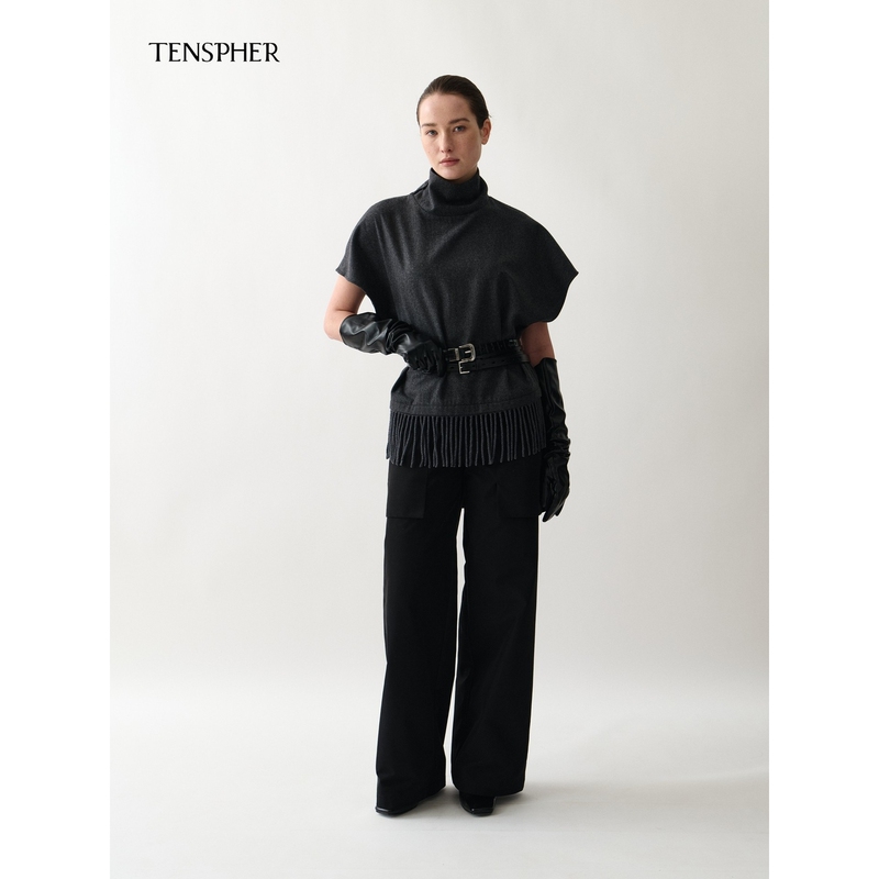 Tenspher Retro-Style Woolen Tassel High-Neck Cape Sweater with Drapey Silhouette Knitwear Tenspher Retro-Style Woolen Tassel High-Neck Cape Sweater with Drapey Silhouette Knitwear