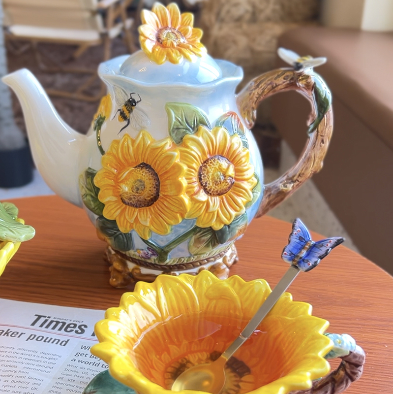 Fangya Ceramic Sunflower Cup and Pot Set Sunflower Ornament Crafts for Brewing Flower Tea, Kung Fu Tea, Coffee Cup, Gift Giving