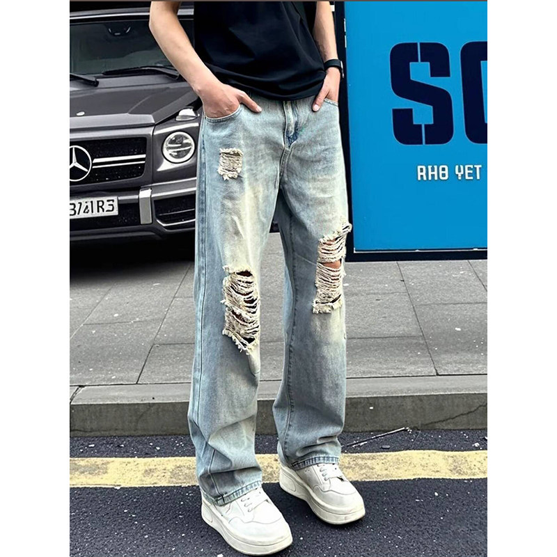 American Retro Ripped Washed Jeans for Men, New Summer Design, Trendy Street Style Straight-Leg Pants