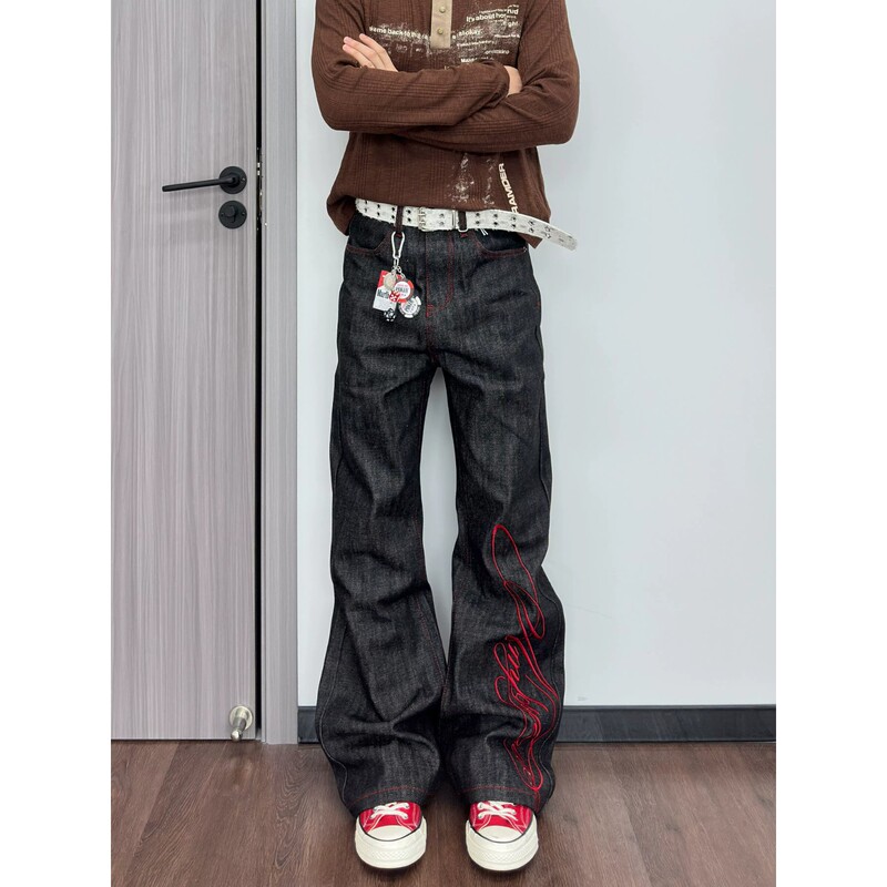 American-Style Red Embroidered Washed Jeans for Men, New Spring and Autumn Model, High-End Cleanfit Straight-Leg Slightly Flared Long Pants American-Style Red Embroidered Washed Jeans for Men, New Spring and Autumn Model, High-End Cleanfit Straight-Leg Slightly Flared Long Pants