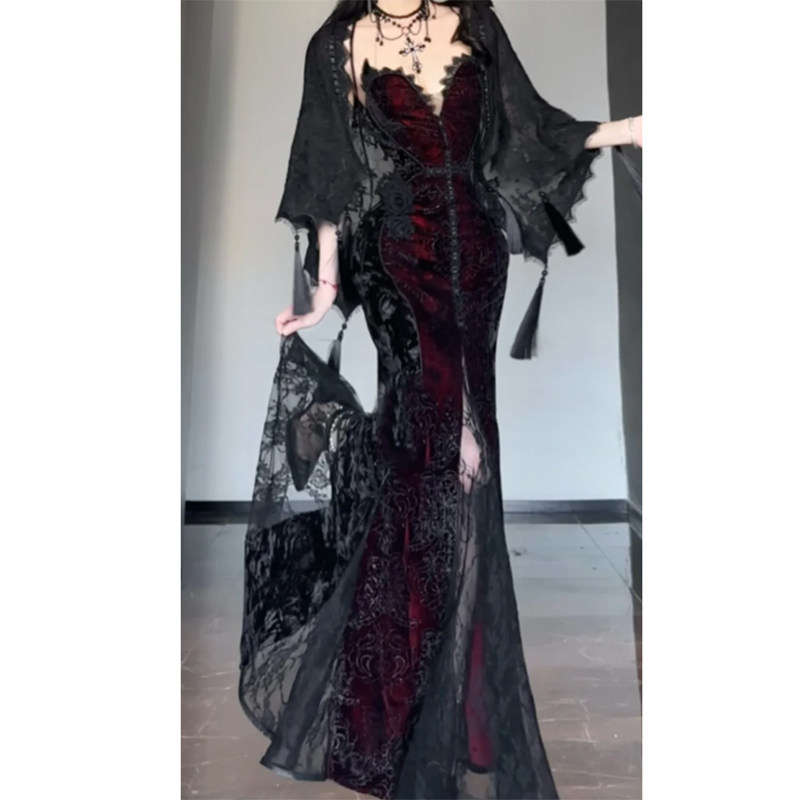 Halloween Costume Dark Gothic Style Lace Sexy Dress for Women Slim Fit Dress Slimming Bodycon Dress
