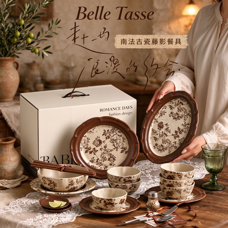Retro-Style Southern French Antique Porcelain Tableware Set, High-Value Bowls and Plates for Home Use, Housewarming Gift, Wedding Souvenir Retro-Style Southern French Antique Porcelain Tableware Set, High-Value Bowls and Plates for Home Use, Housewarming Gift, Wedding Souvenir