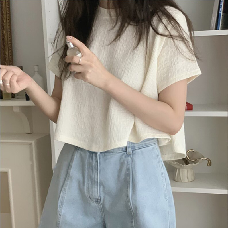 Short in the Front, Long in the Back, Asymmetrical Short-Sleeved T-Shirt for Petite Women, Summer Loose and Versatile Base Shirt, Half-Sleeve Top