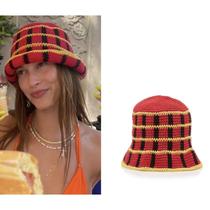 Clashing color plaid hand knitted bucket hat women woolen