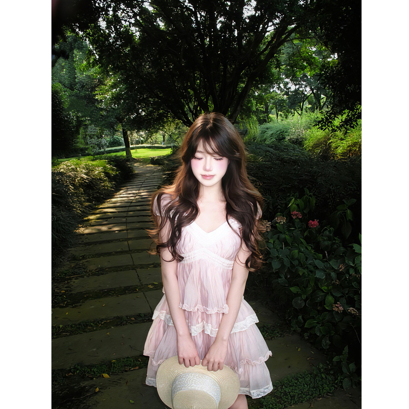 Sweet and Stylish Pink Dress for Girls, Beautiful Summer Mini Dress with Lace Trim and Tiered Puffy Skirt