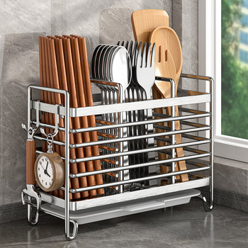 Stainless Steel Chopstick Storage Box Kitchen Chopstick Spoon Fork Holder Household No-Drill Wall-Mounted Chopstick Basket Rack