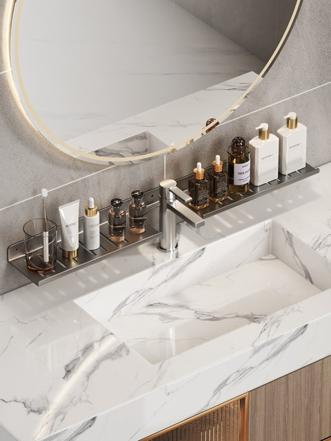 Bathroom Sink Mirror Front Storage Rack, Toilet No-Drill Faucet Washbasin Wall-Mounted Bathroom Storage Shelf