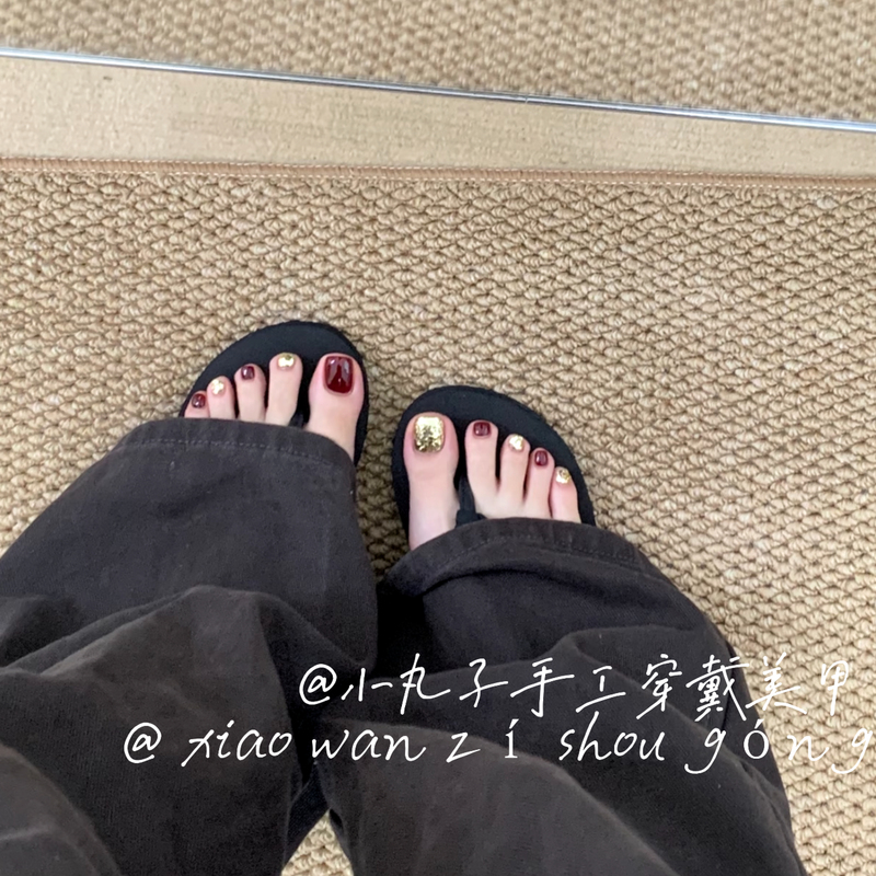 Super Brightening Pure Handmade Wearable Nails with Sparkling Champagne Glitter Toenails in Wine Red for Pregnant Women