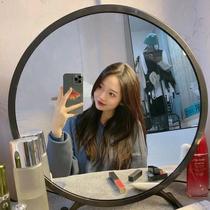 Large desktop makeup mirror with LED light student dormitory desktop ins style dressing table mirror bedroom fill light round mirror