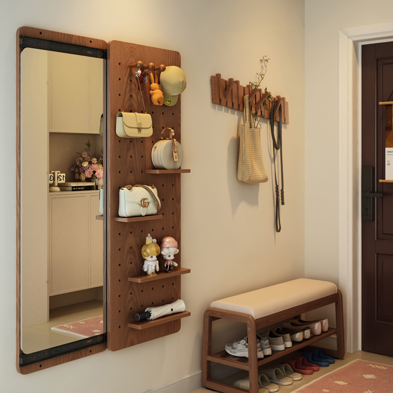 洞洞板穿衣镜一体入户玄关镜可关闭全身镜家用隐藏挂墙推拉试衣镜