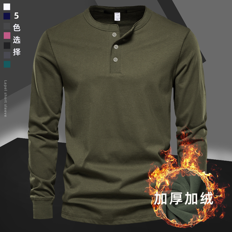 American-Style Fleece-Lined Tough Guy Amekaji American Retro Heavyweight T-Shirt with Henley Collar, Long-Sleeve Men's Base Layer for Warmth American-Style Fleece-Lined Tough Guy Amekaji American Retro Heavyweight T-Shirt with Henley Collar, Long-Sleeve Men's Base Layer for Warmth