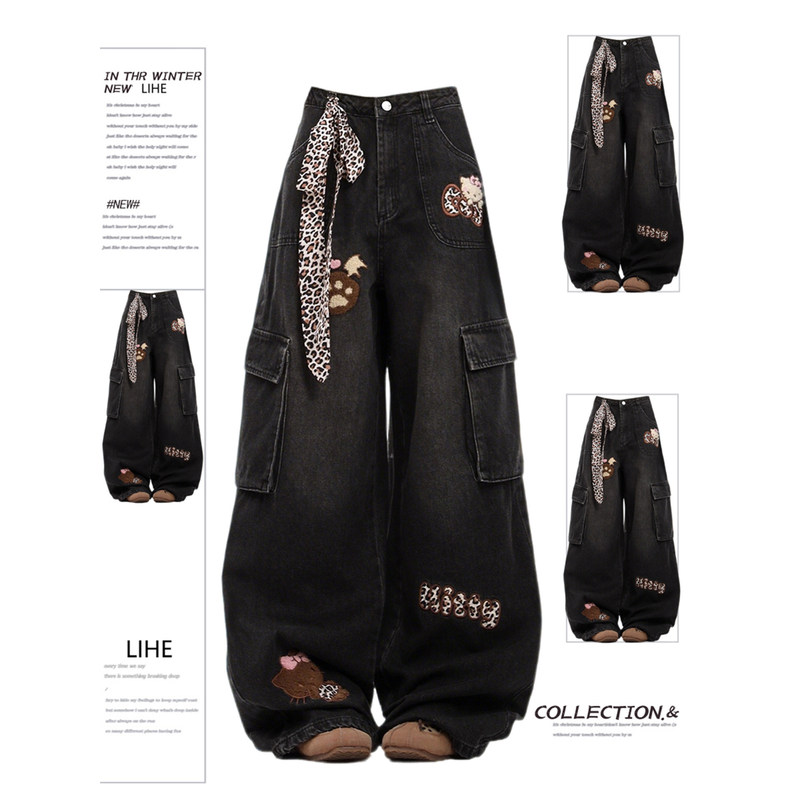 American High Street Retro Leopard Print Kitty Cat Workwear Jeans for Men and Women, Autumn Slim-Fit Multi-Pocket Wide-Leg Pants Trendy