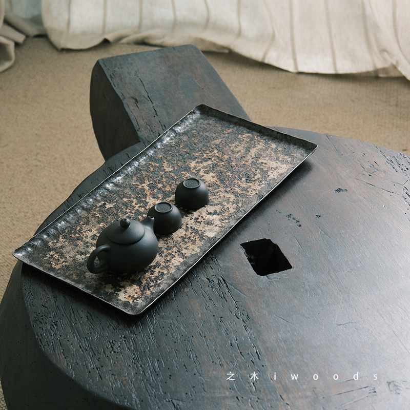 Zhimu | Natural Iron Oxide Tray Rectangular Tea Tray Fruit Tray Dry Tea Preparation Table Vintage Wabi-Sabi Style