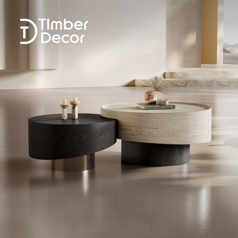 Italian Minimalist Faux Travertine Coffee Table for Living Room, Designer New Light Luxury Round Table, High and Low Coffee Table Set
