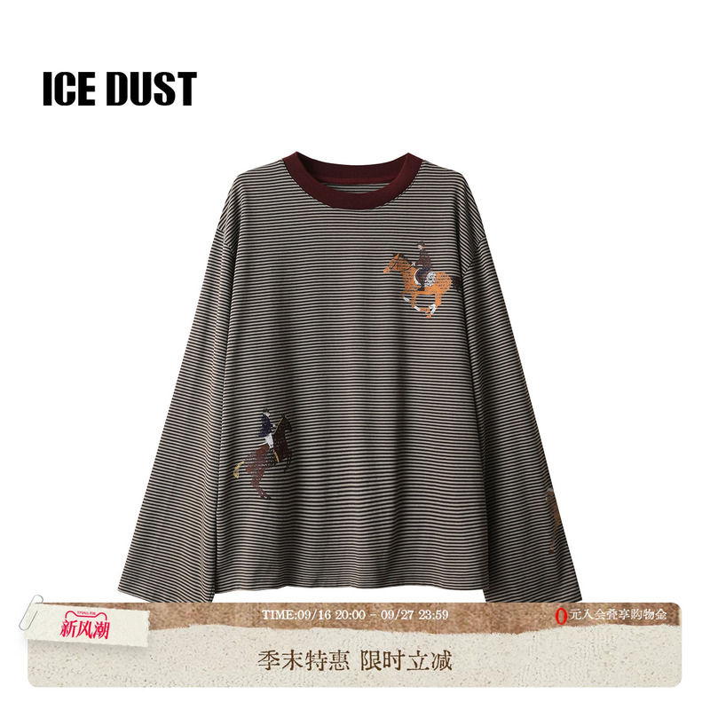 Icedust Equestrian Print Long Sleeve T-Shirt for Women 26Pf Early Autumn Loose Round Neck Top (Same Style as Kim Taeri)