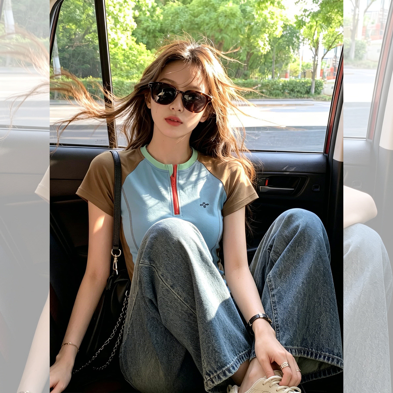 American-Style Spicy Girl Color-Block Short-Sleeve T-Shirt for Women, 2026 Summer New Unique and Beautiful Top, Bright Dopamine Outfit American-Style Spicy Girl Color-Block Short-Sleeve T-Shirt for Women, 2026 Summer New Unique and Beautiful Top, Bright Dopamine Outfit