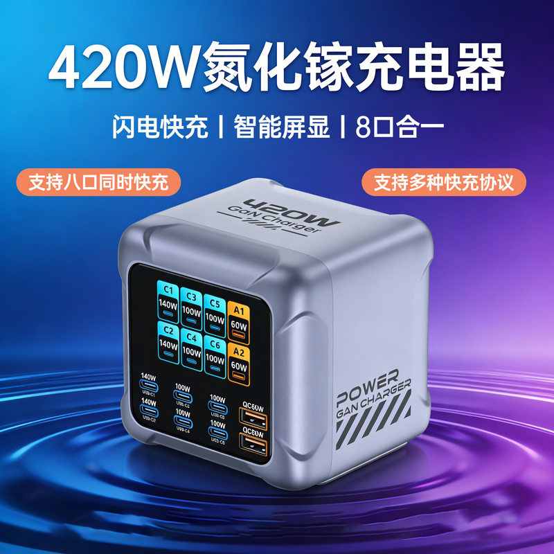 420W Gallium Nitride Display Fast Charging Charger 8-Port Pd3.1 Desktop Charging Station Suitable for Mobile Phones, Tablets, Smart Charging Head
