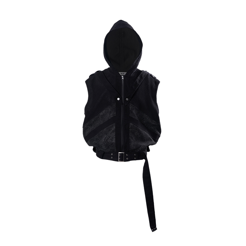 Lablfe【Jonyj Same Style】Tactical Zip-Up Hooded Vest with Strap Belt and Mesh Splicing Structure