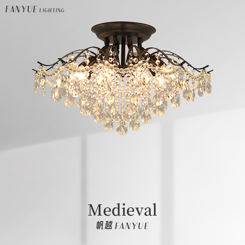Retro Living Room Ceiling Lamp, French Romantic Crystal Lamp, High-End Black Master Bedroom Lamp, Elegant and Luxurious Room Lamp
