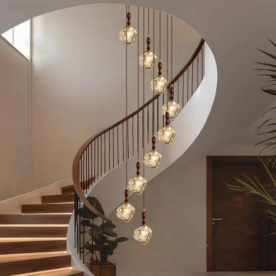 French Mid-Century Style Staircase Chandelier, Duplex Rotating Designer American Retro Glass Lamp, Villa Suspended Lighting Fixtures