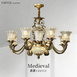 American Retro Living Room Chandelier, All-Copper French-Style High-End Bedroom Lamp, Light Luxury Glass Chandelier, Designer Dining Room Lighting