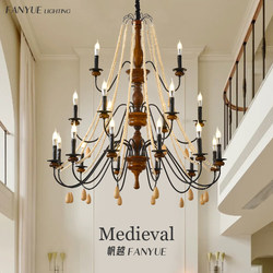 French Medieval House Empty Lamp American Retro Candle Living Room Headlight Staircase Long Chandelier Solid Wood Duplex Lamps