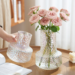 High-End ins Style Vase Ornament, Trendy Glacier-Patterned Transparent Glass for Hydroponic Flower Arrangement, Home Living Room Soft Decoration