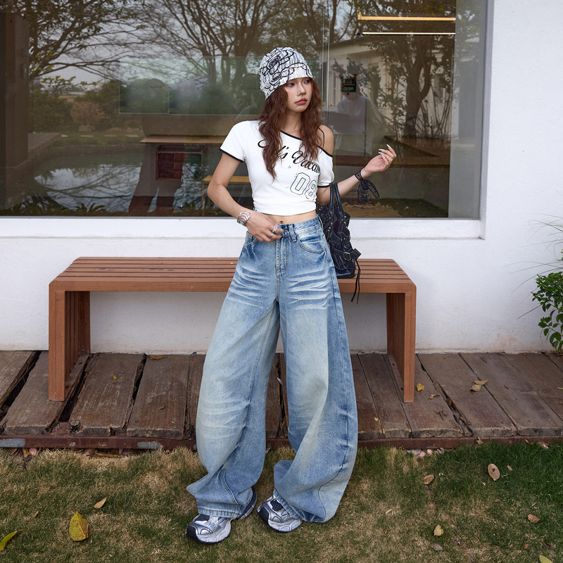 Mx North and South Collection Retro Blue American-Style Washed Whiskered Jeans for Women, Spring and Summer, Loose, Slimming, Versatile Wide-Leg Pants