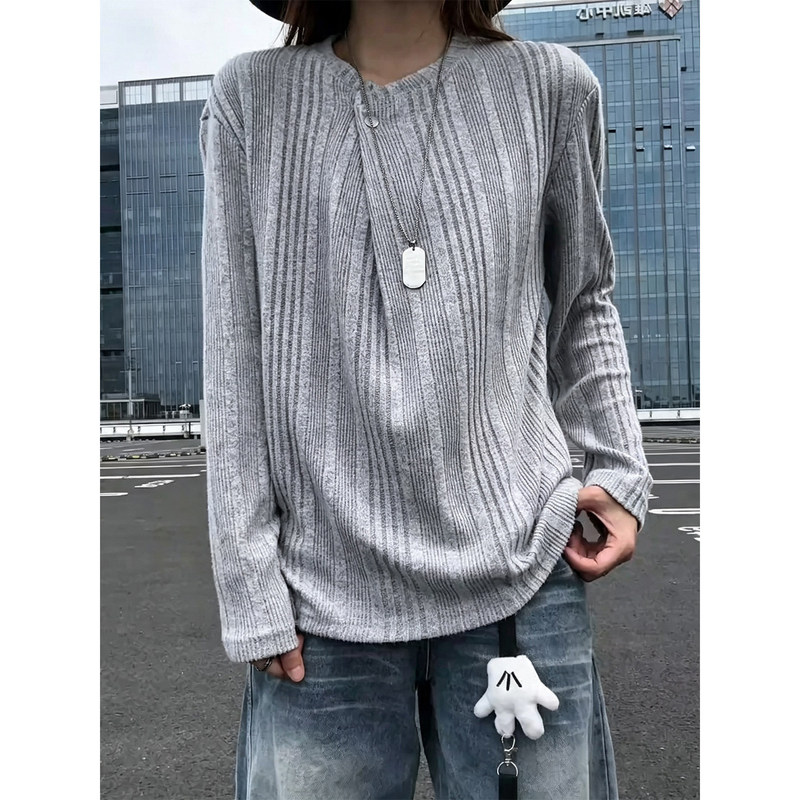 Cleanfit Gray Irregular Design Long-Sleeve Men's Autumn Lazy Old Money Style Knit Sweater Inner Layer Base Shirt Cleanfit Gray Irregular Design Long-Sleeve Men's Autumn Lazy Old Money Style Knit Sweater Inner Layer Base Shirt