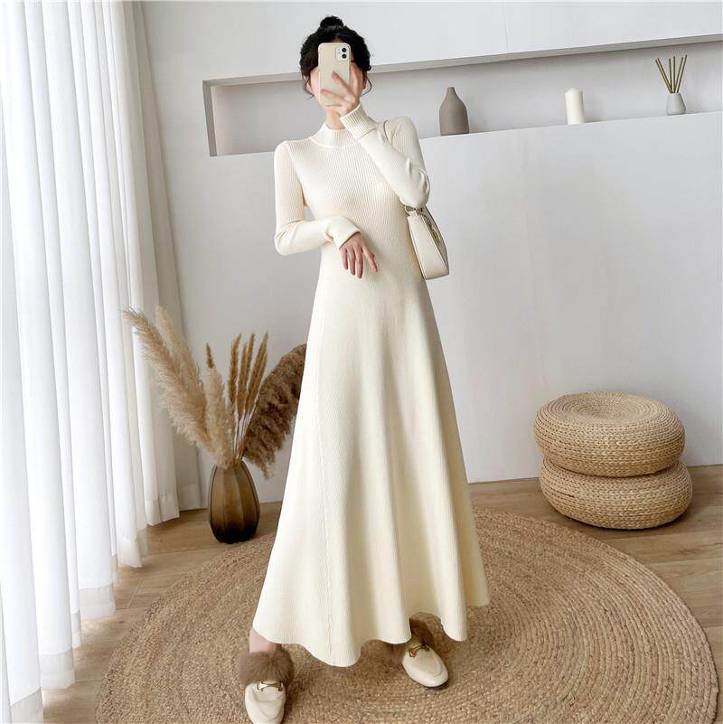 UR Law style collection waist display slim knit dress dress lady winter new half height collar bottom sweater dress A character long dress-Taobao