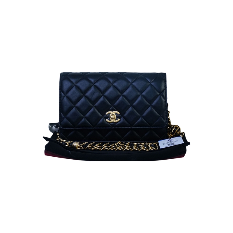 Brand New Chanel Black and Gold Walnut Gold Ball Woc Chain Bag