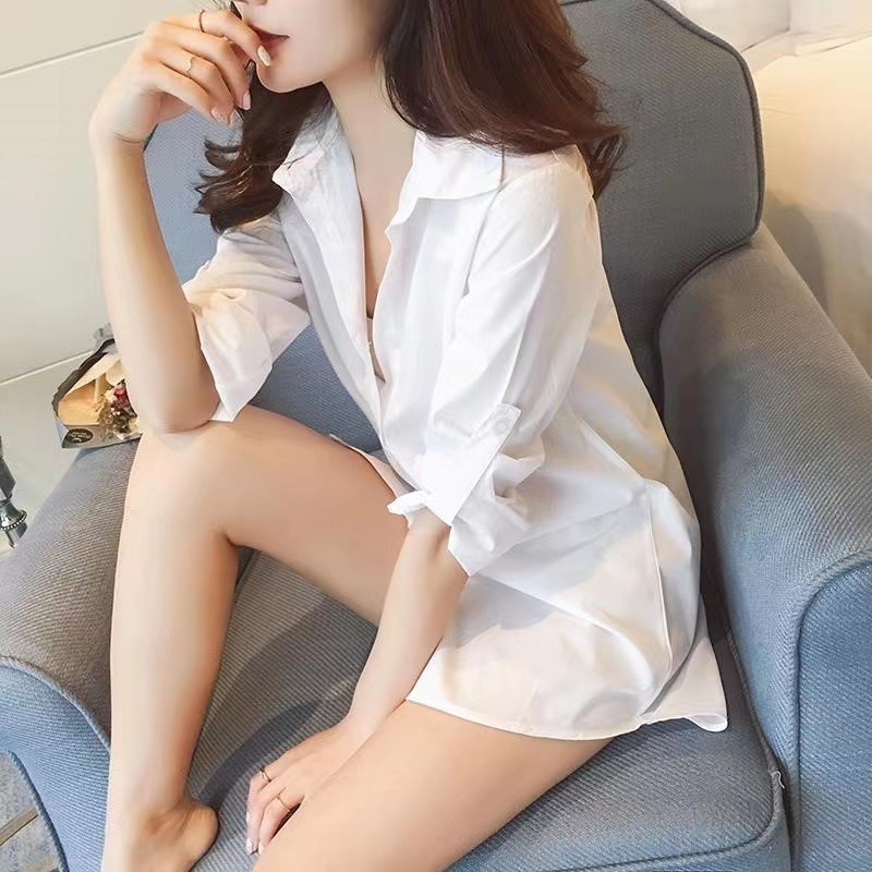 White Shirt for Women, Mid-Length, Bf Style Shirt, Sexy Nightgown, Loose Fit, Spring and Summer Boyfriend Top, Lazy Long-Sleeved Nightdress