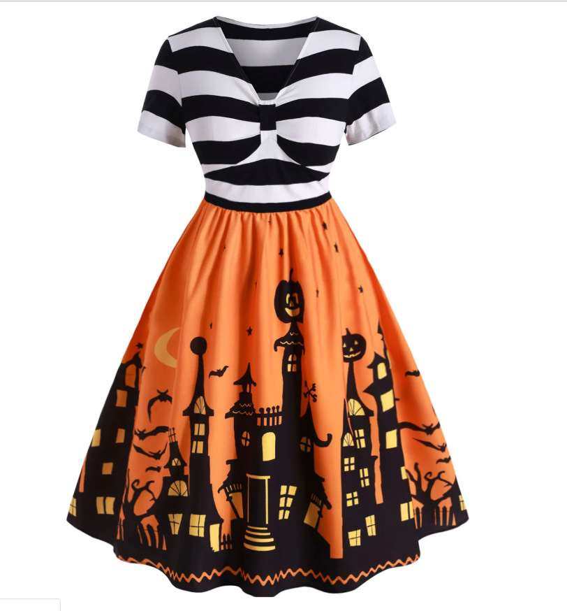 V-neck triped contrat color titching Halloween ort-leeved wi-Taobao