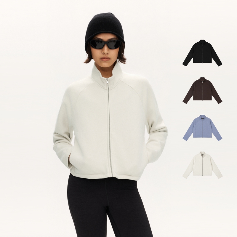 Oneup Simple and Relaxed Fleece Stand-Up Collar Short White Jacket for Women in Autumn and Winter Loose Casual Sports Jacket Oneup Simple and Relaxed Fleece Stand-Up Collar Short White Jacket for Women in Autumn and Winter Loose Casual Sports Jacket
