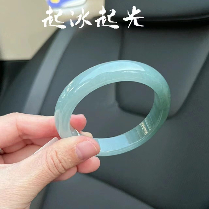 缅甸翡翠半山半水油青手镯：飘花飘绿，正圈玉镯子，女神必备！-手镯