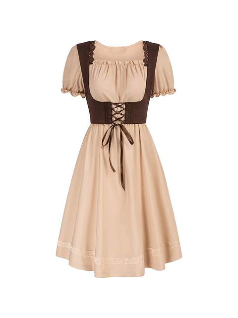 Amazon Retro Renaissance Square-Neck Short-Sleeved Dress Victorian Pastoral Cosplay Dress