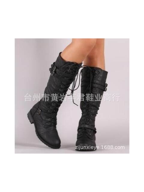 Wish's Popular Export European and American Style Round-Toe Mid-Heel Lace-Up Over-The-Knee Boots with Side Zipper, Large Size Women's Boots
