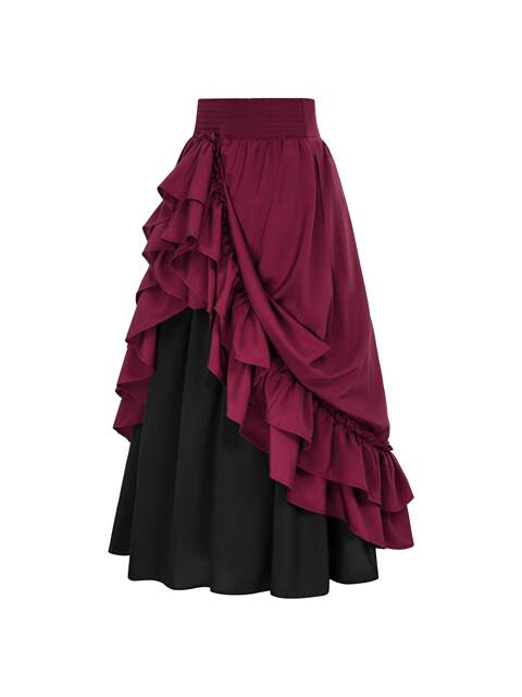 Halloween Costume European and American Court Style Retro Ruffled Edge Drawstring Color-Blocked Large Hem Skirt