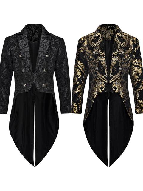 Halloween European and American Fashion Men's Gothic Steampunk Tailcoat Jacket Black Brocade Satin Wedding Coat